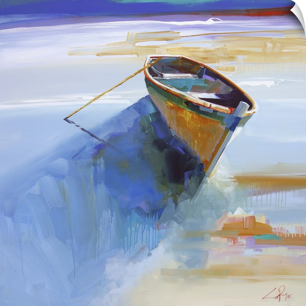 Contemporary painting of a small boat beached on the shore.