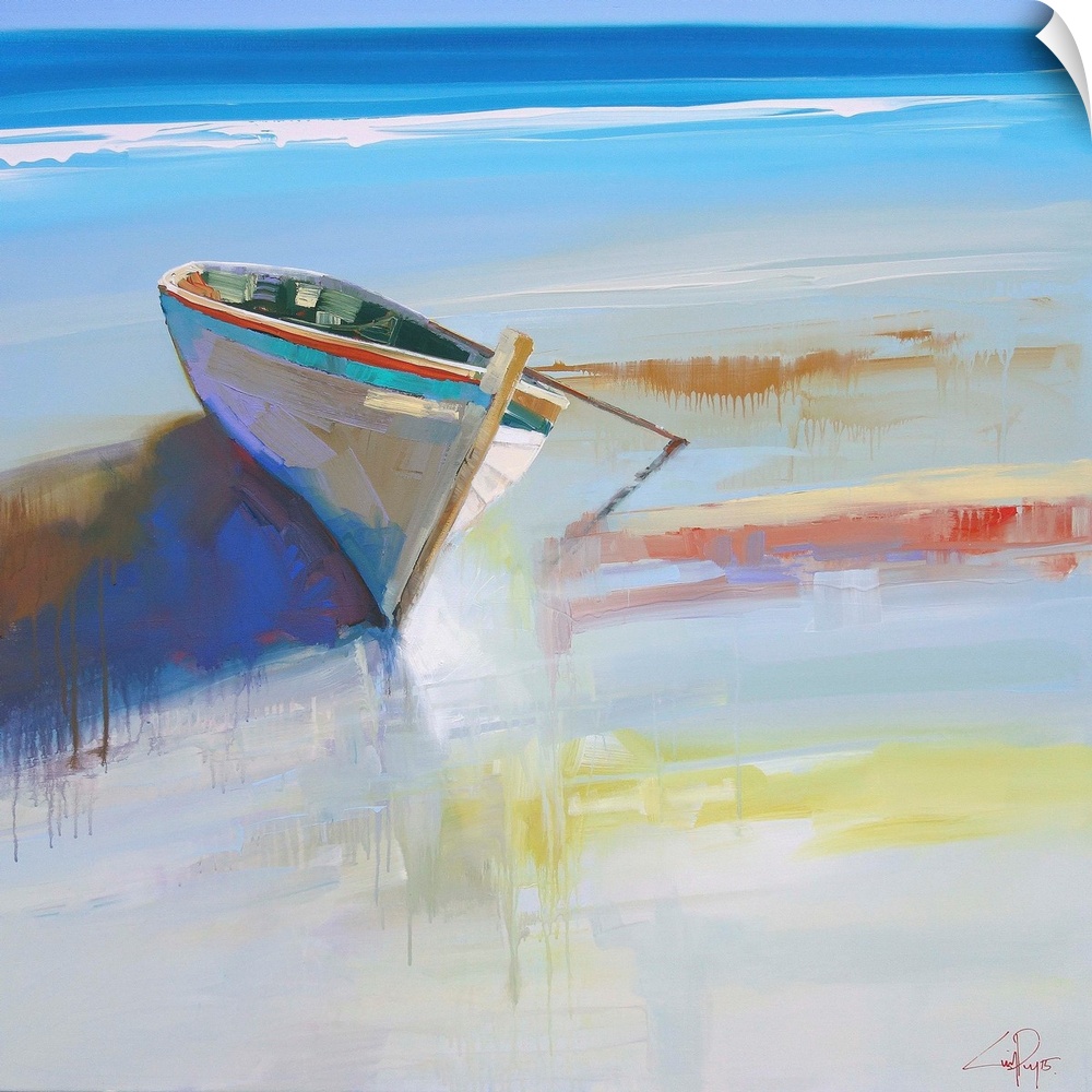 Contemporary painting of a small boat beached on the shore.