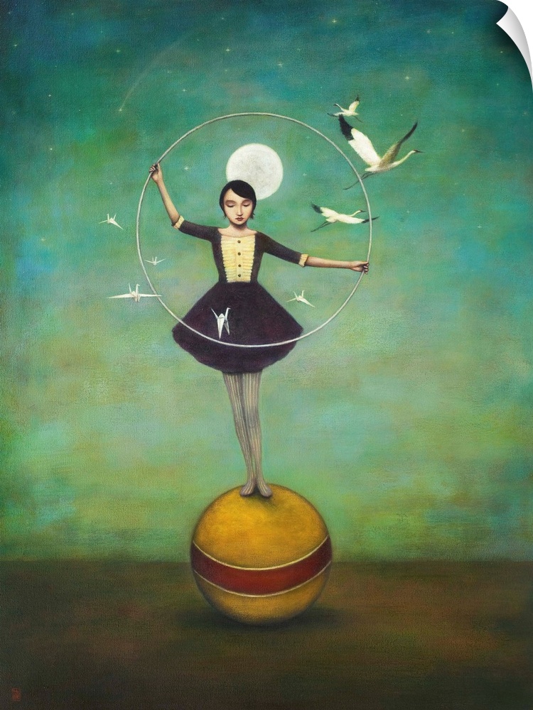 Contemporary surreal artwork of a woman with a hoop and birds balancing on a yellow ball.