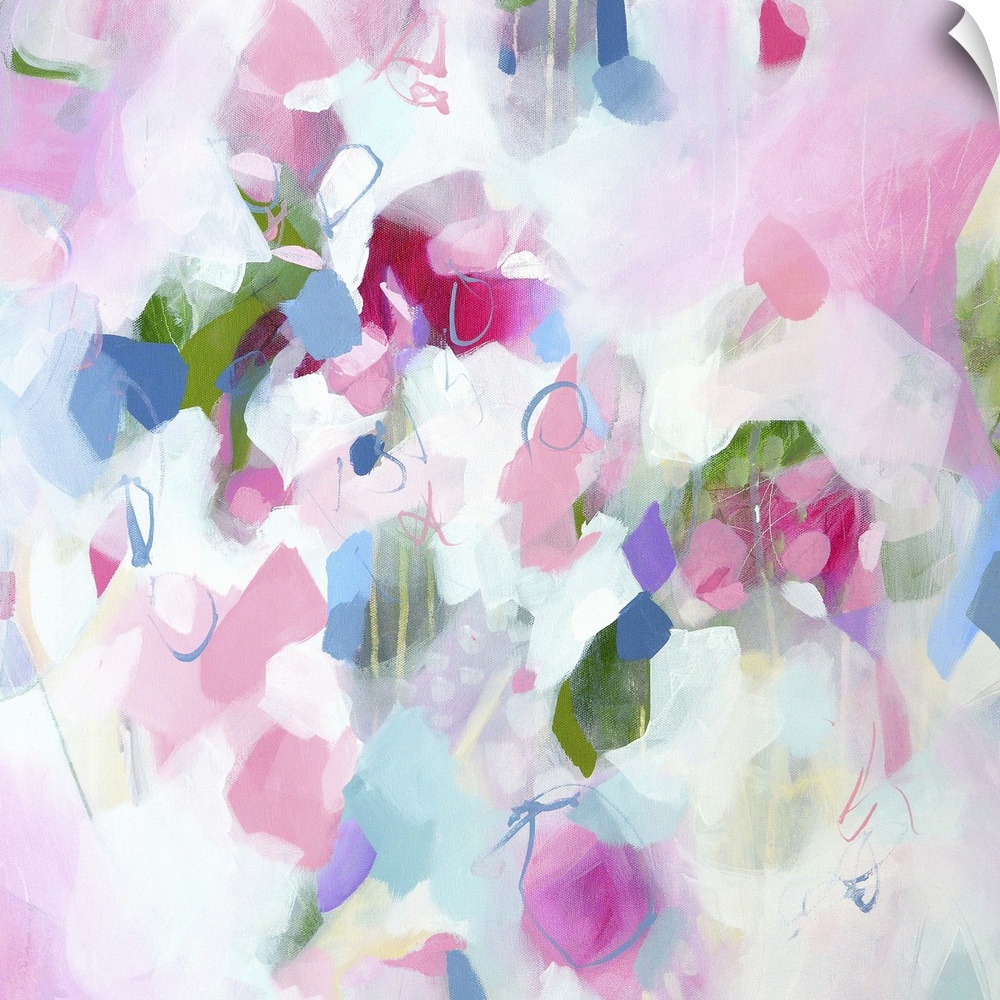 Abstract artwork in cheerful shades of pink, white, and blue.
