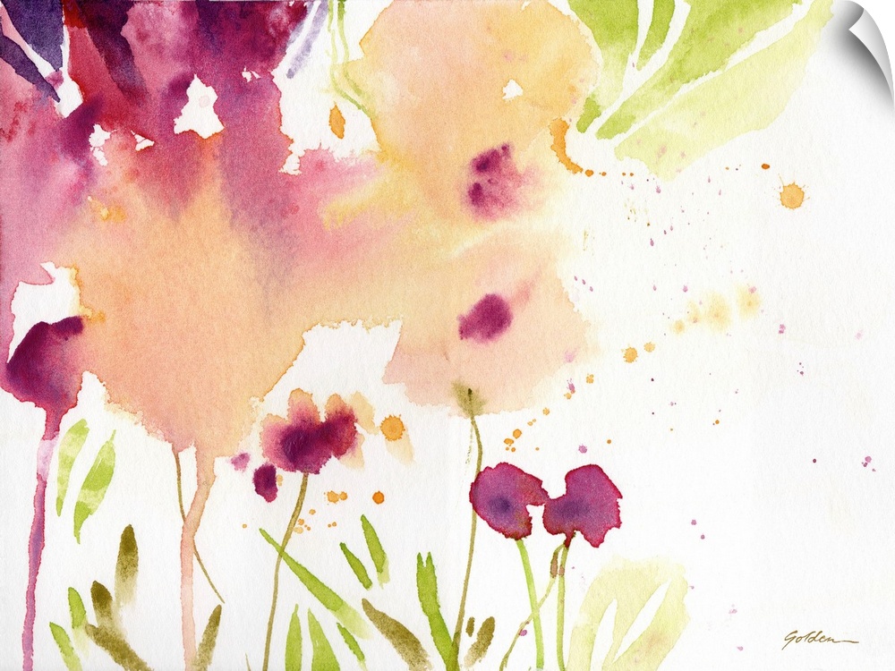 Contemporary watercolor painting of maroon and muted yellow flowers.