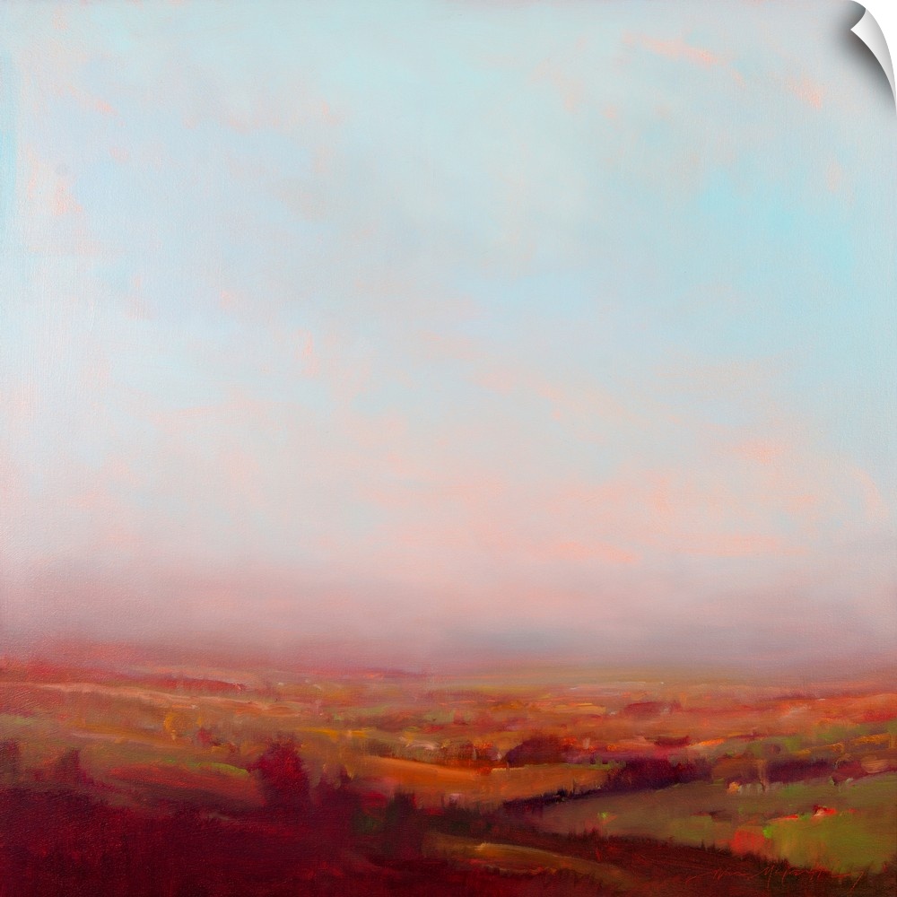 Contemporary landscape painting with cloudy skies above.