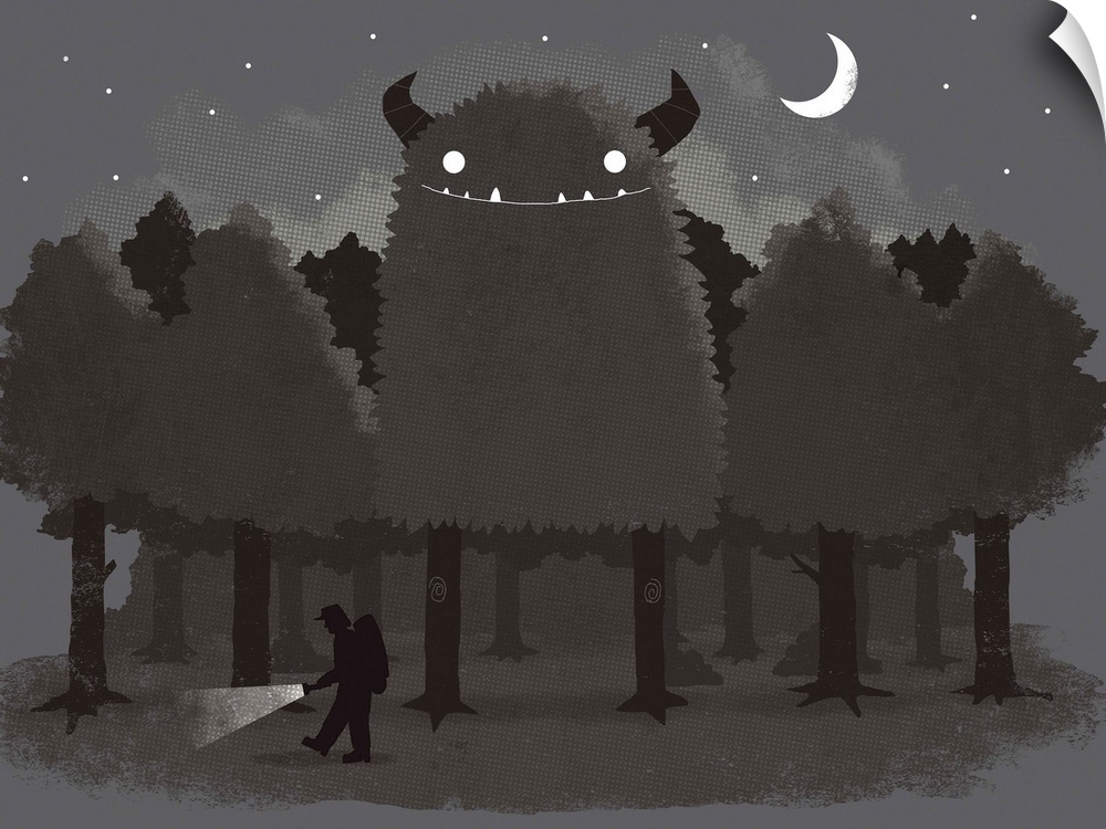 A digital illustration of a man walking past of monster disguised as a tree in the forest.