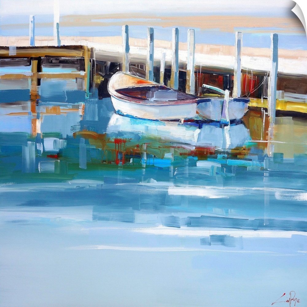A contemporary painting of boats docked at Port Fairy in Australia.