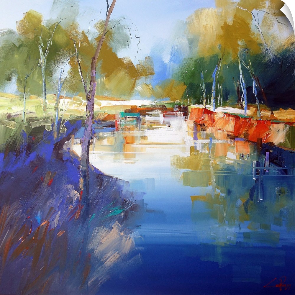 A contemporary painting of a waterway at Cobram, Australia.