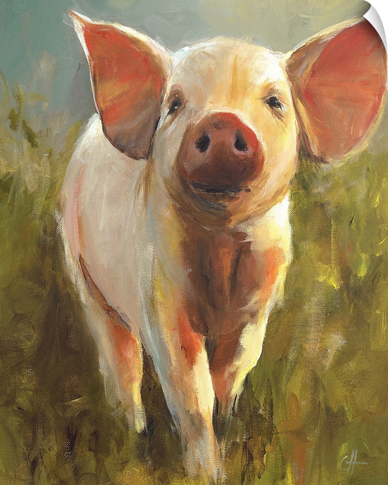 Contemporary painting of a pink pig with large ears.
