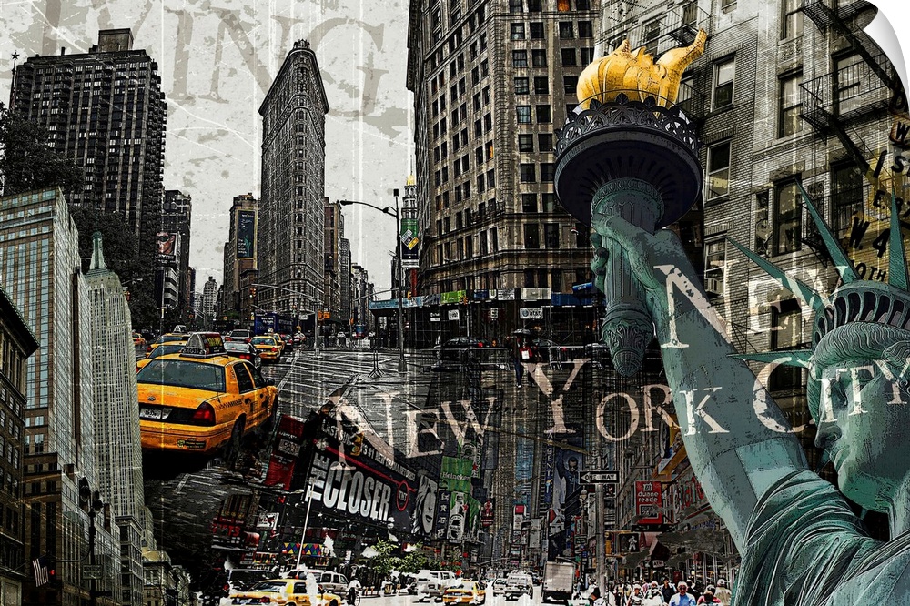 Image composite of landmarks in New York City, including the Statue of Liberty and Times Square.