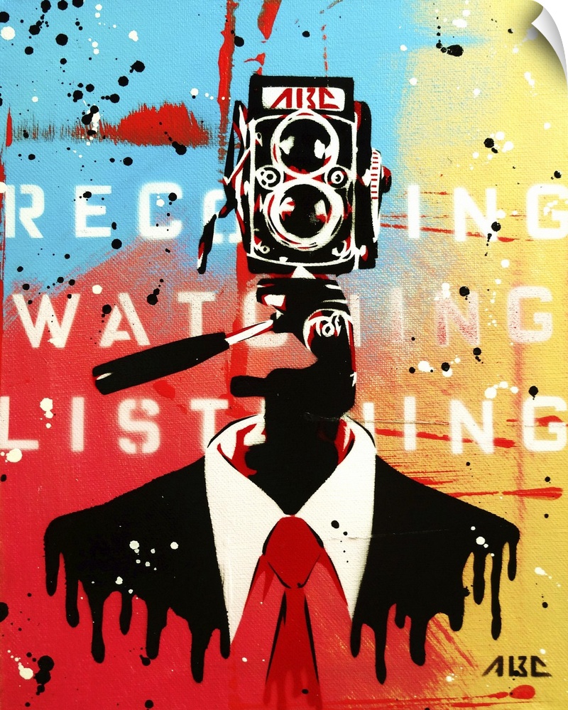 Urban painting of a businessman with a camera for a face.