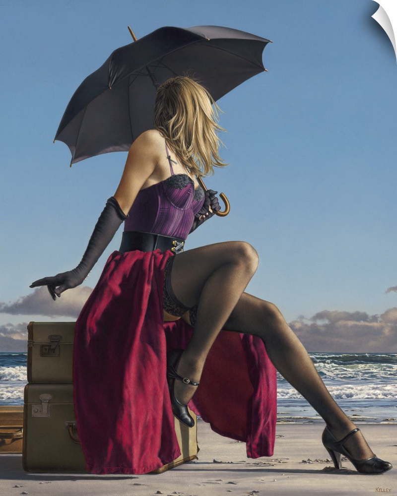 Contemporary painting of a woman wearing lingerie and holding an umbrella, while sitting on luggage on the beach.
