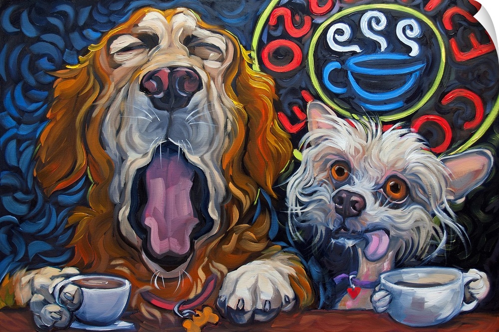 Thick brush strokes create a humorous scene of two dogs drinking coffee.