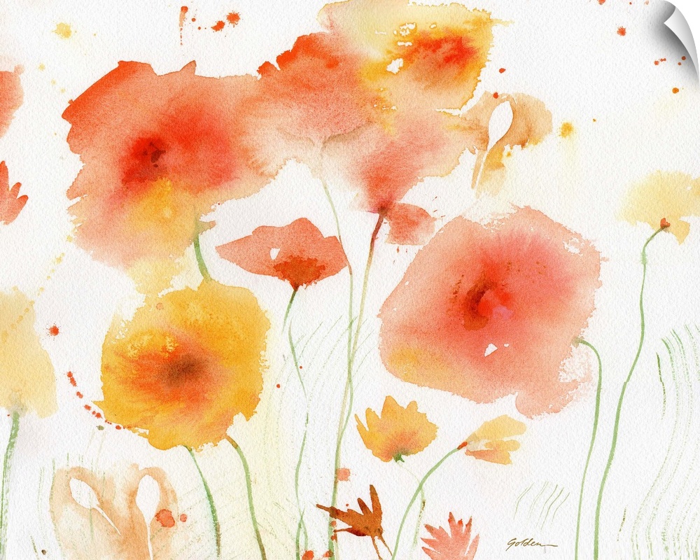 Contemporary watercolor painting of orange and yellow flowers.