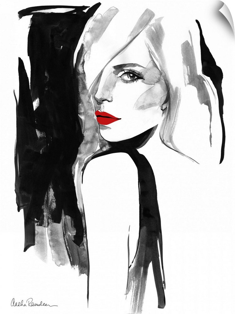Contemporary fashion artwork of a woman wearing bright red lipstick looking over her shoulder.