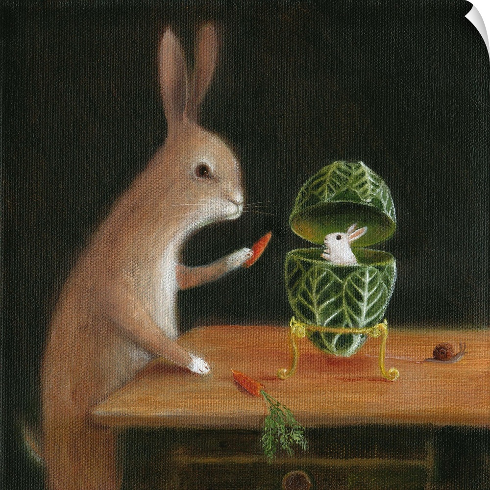 Whimsical artwork featuring a rabbit and a faberge egg.