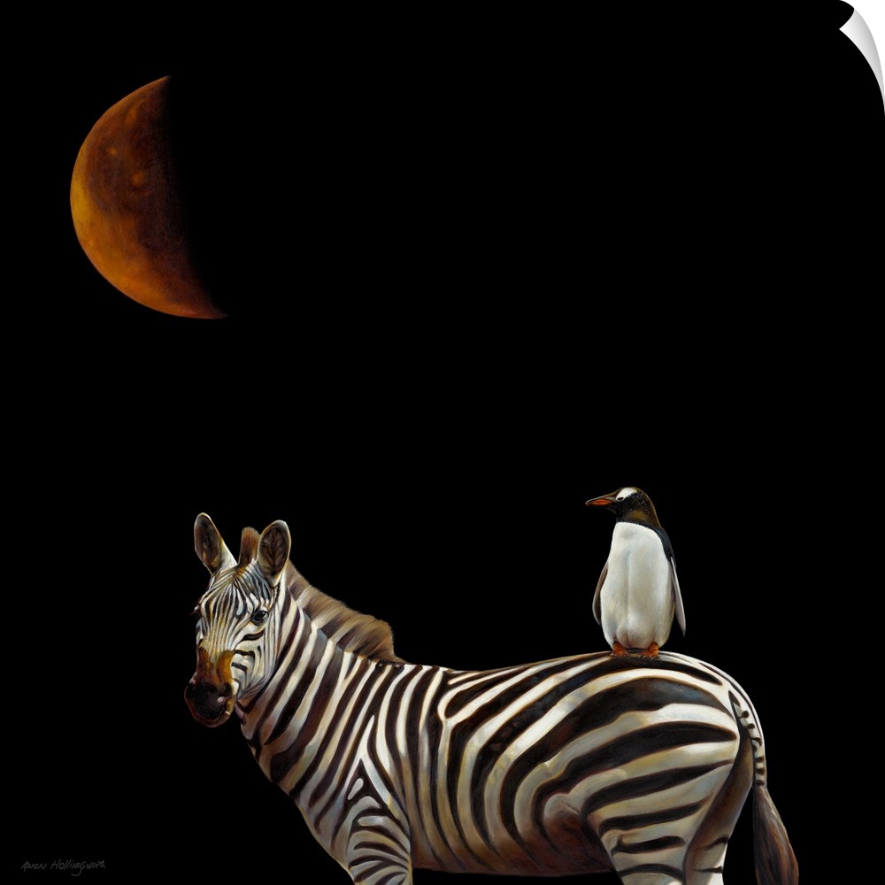Conceptual photo of a penguin riding a zebra under a red crescent moon.