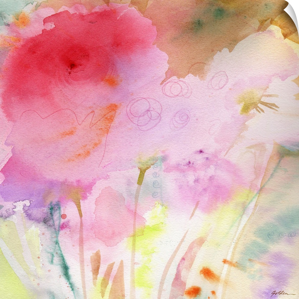 A watercolor painting of pink flowers in pastel colors.