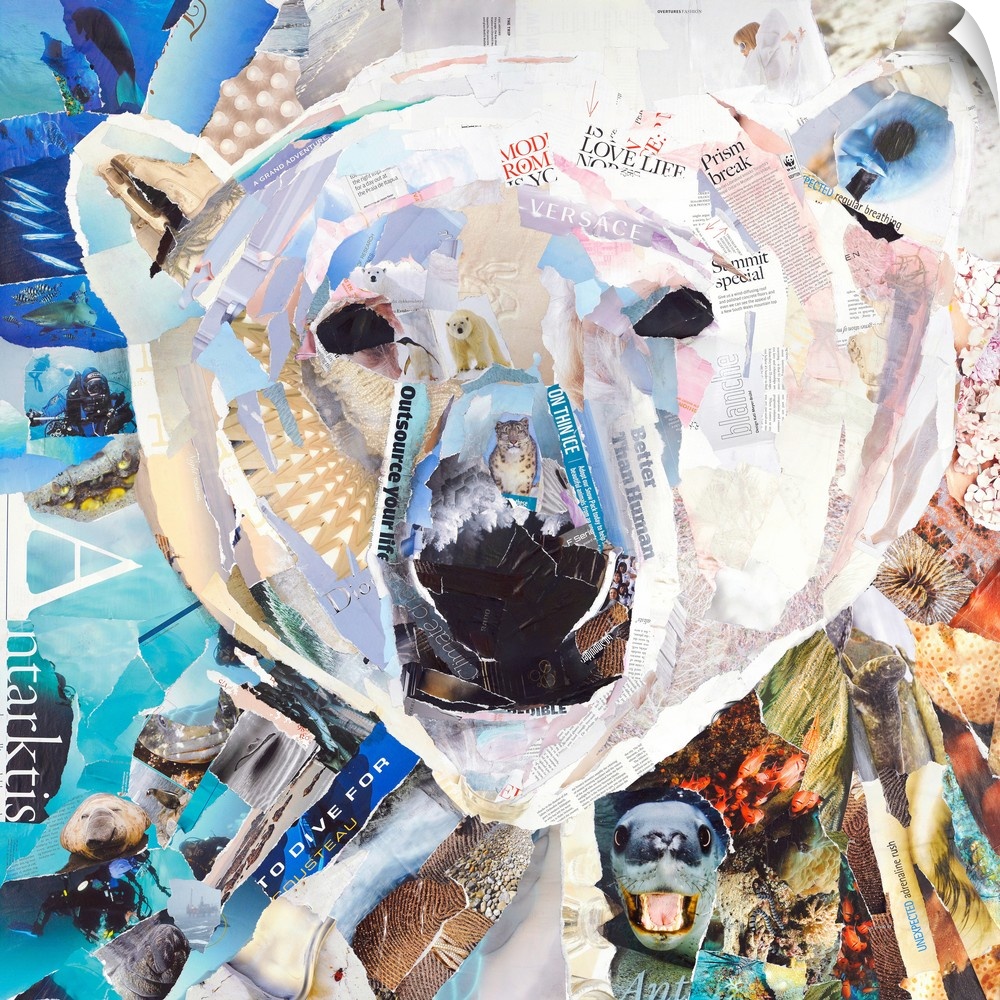 Mixed media artwork of a polar bear made from cut magazine and book pages.