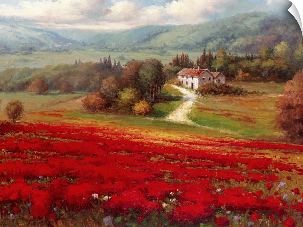 Contemporary painting of an idyllic rural European village scene, with vibrant red flowers in the foreground.