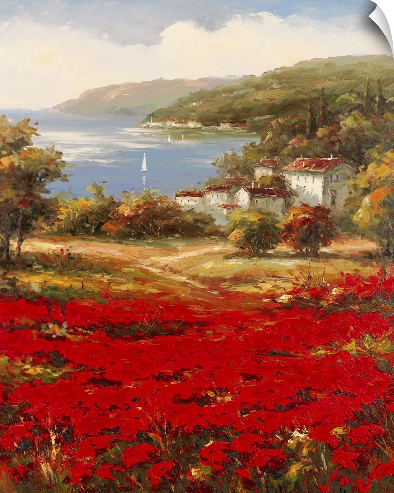 Contemporary painting of an idyllic rural European village scene, with vibrant red flowers in the foreground.