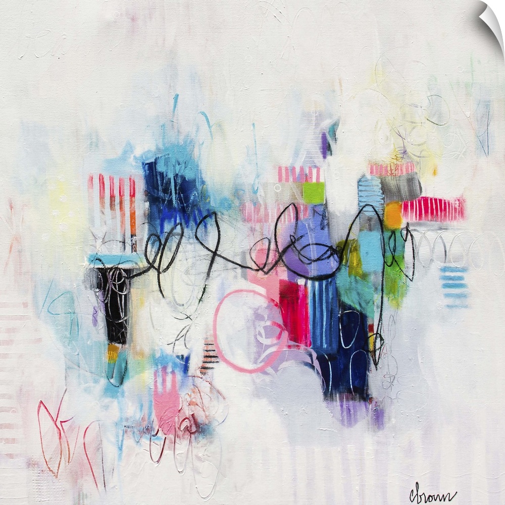Contemporary abstract painting using bright vibrant neon splashes of color against a soft pink and white background.