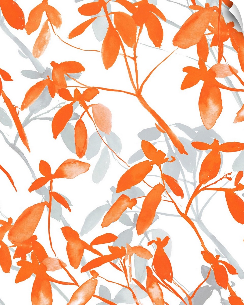 An abstract watercolor painting of branches of leaves in colors of orange and gray.