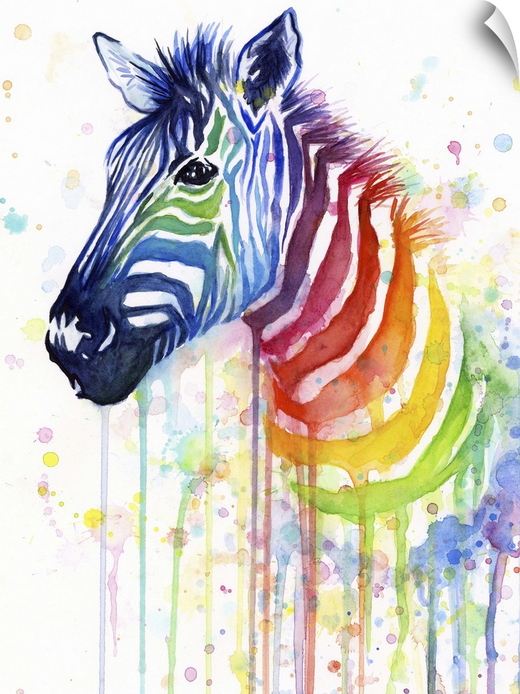 A contemporary watercolor painting of a zebra with a the stripes running down the neck becoming a rainbow.