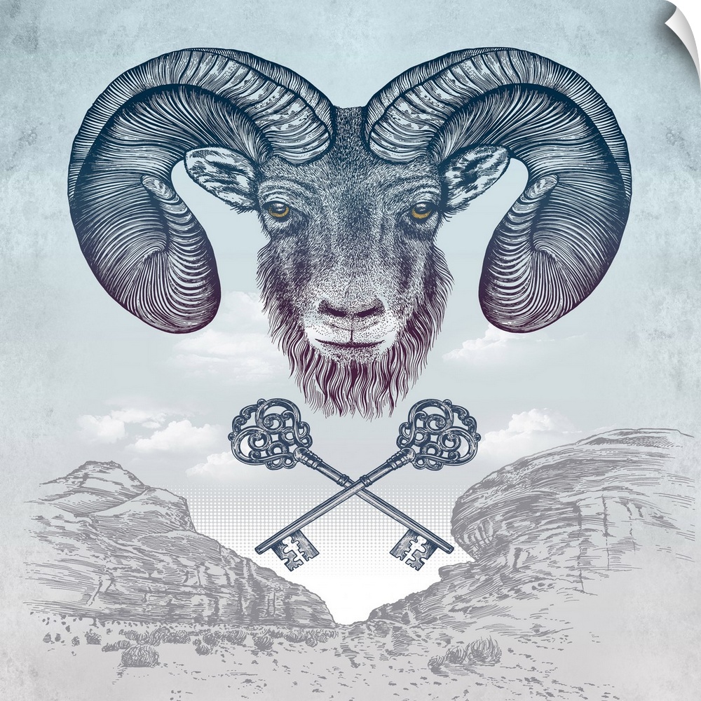 A digital illustration of a ram in the sky above red rock mountains and a pair of keys.
