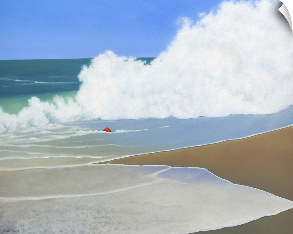 Contemporary painting of an idyllic beach scene, with a red pail becoming lost amid the waves of the ocean.