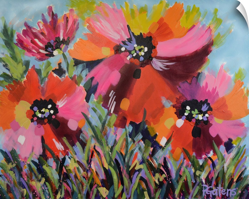 A horizontal abstract painting of bright poppies in colors of yellow, orange and pink.