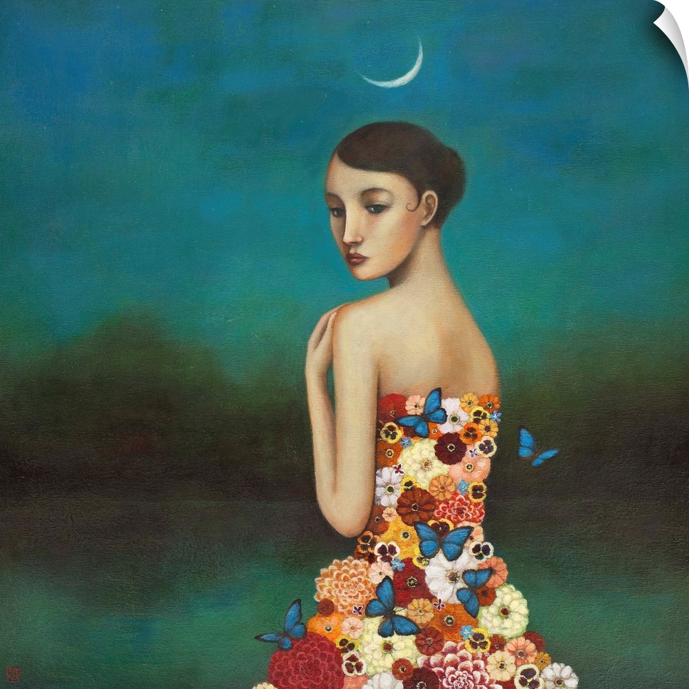Contemporary surreal artwork of a woman wearing a dress made of flowers with a crescent moon overhead.