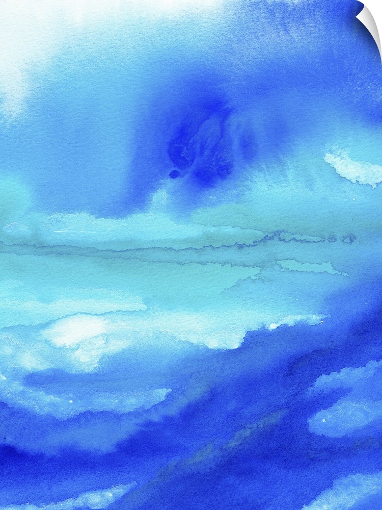 A vertical abstract watercolor painting in brilliant shades of blue.