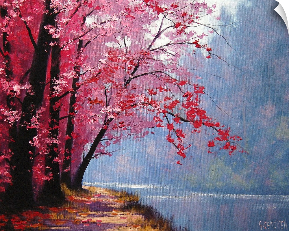 Contemporary painting of an idyllic countryside river scene, with pink autumn foliage.