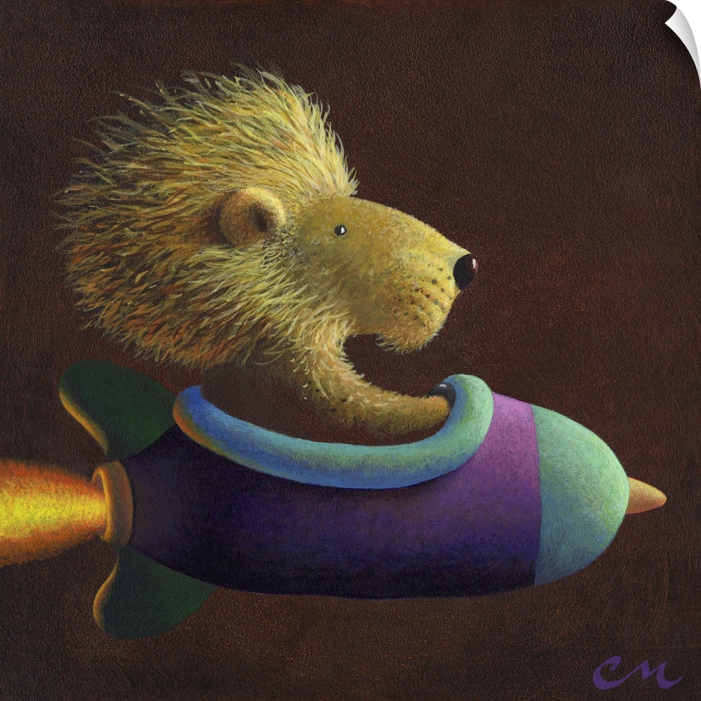 Whimsical contemporary painting of a lion in a rocket.