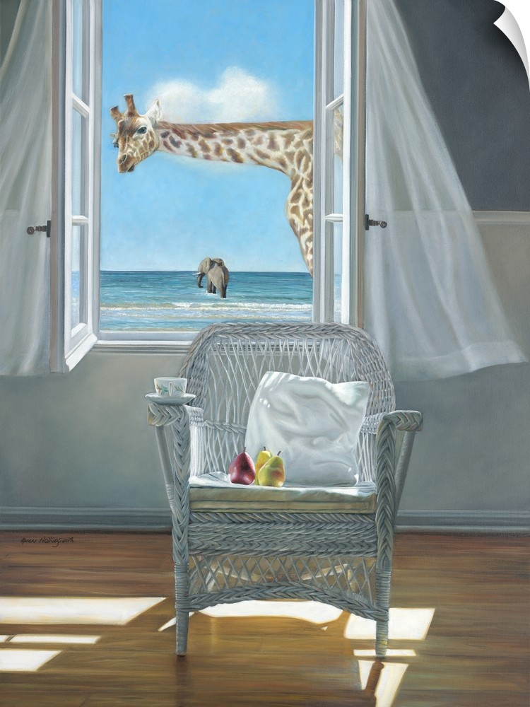 Contemporary still life painting of a pillow on a chair next to an open window with a white curtain and the beach outside,...