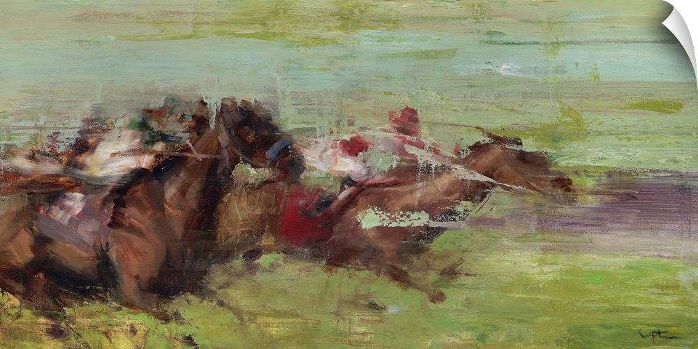 A contemporary painting of a horse derby, with the feel of the horses moving in a fast pace.