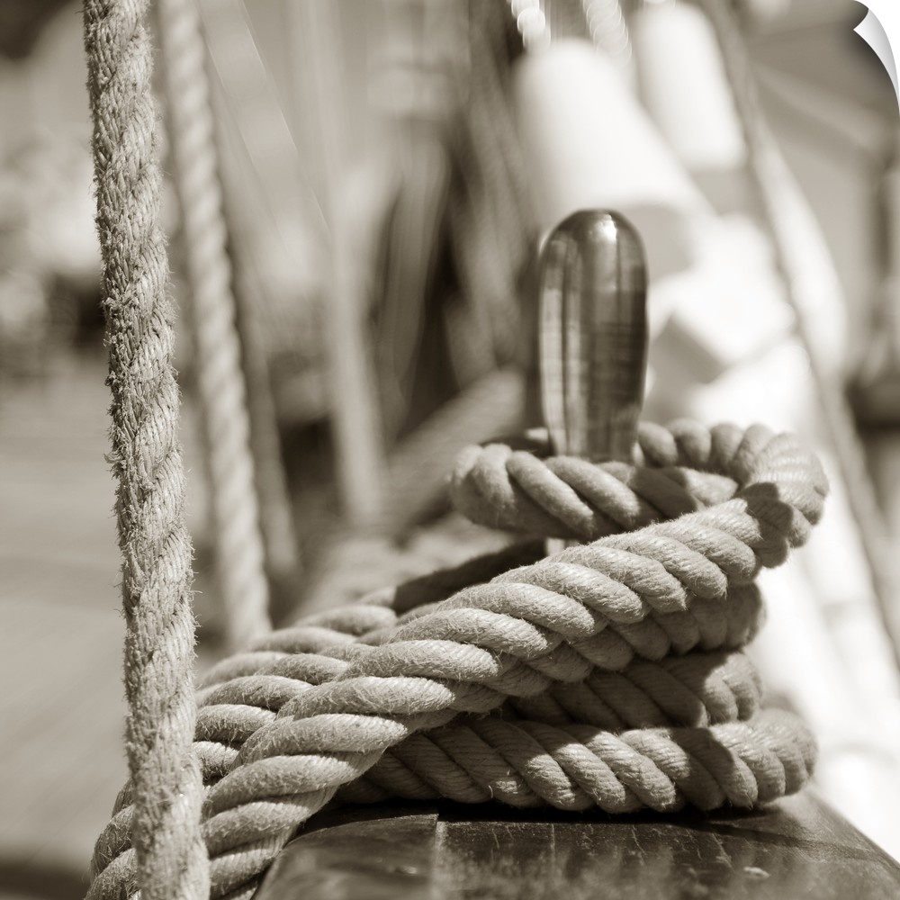 Detail of rigging of old sail ship in monochrome.