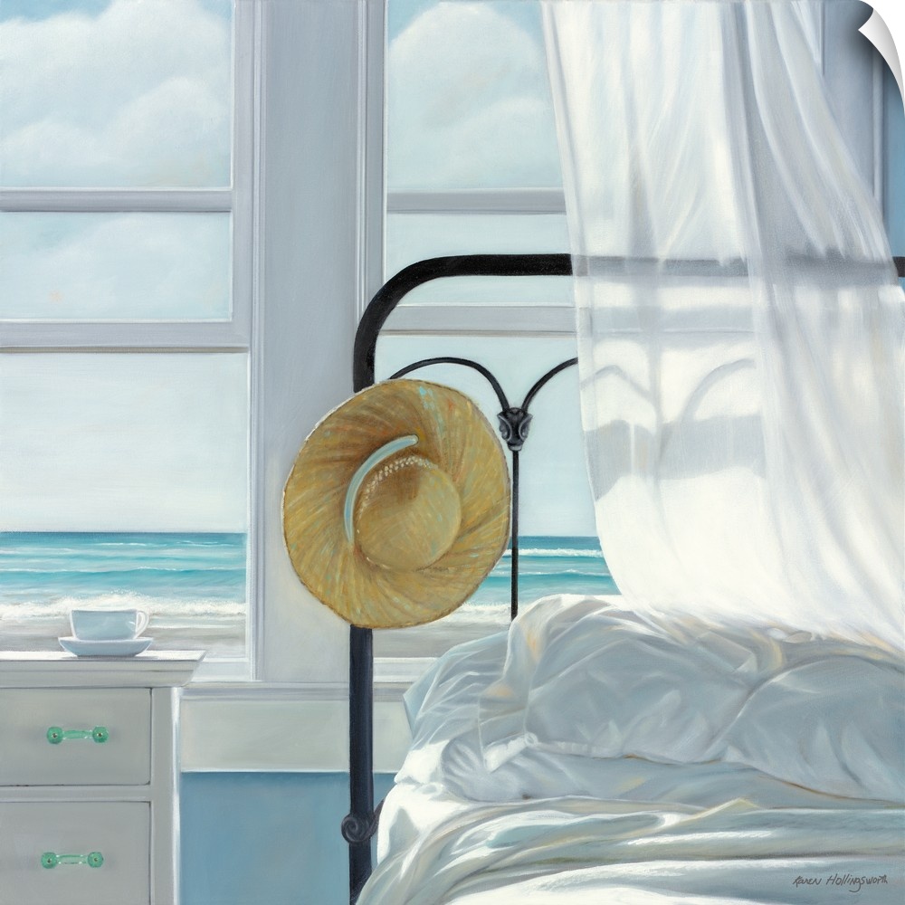 Contemporary still life painting of a hat hanging from a bedframe next to an open window with a white curtain and the beac...