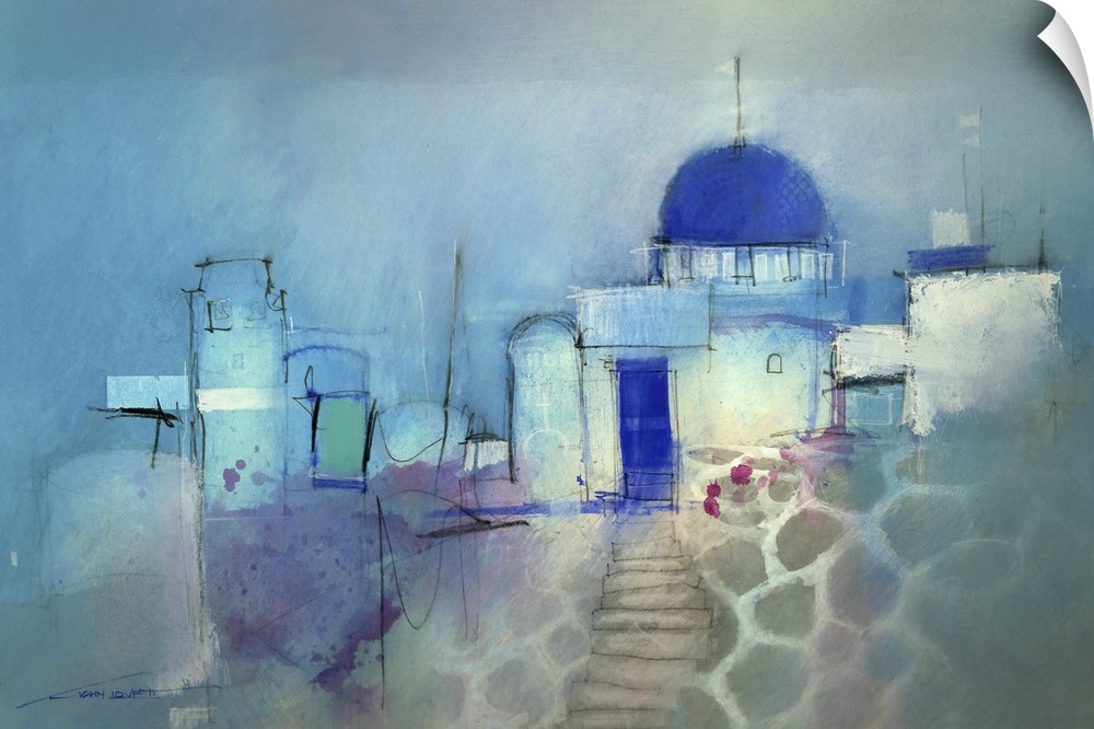 Contemporary painting of iconic architecture of Santorini on Greece.