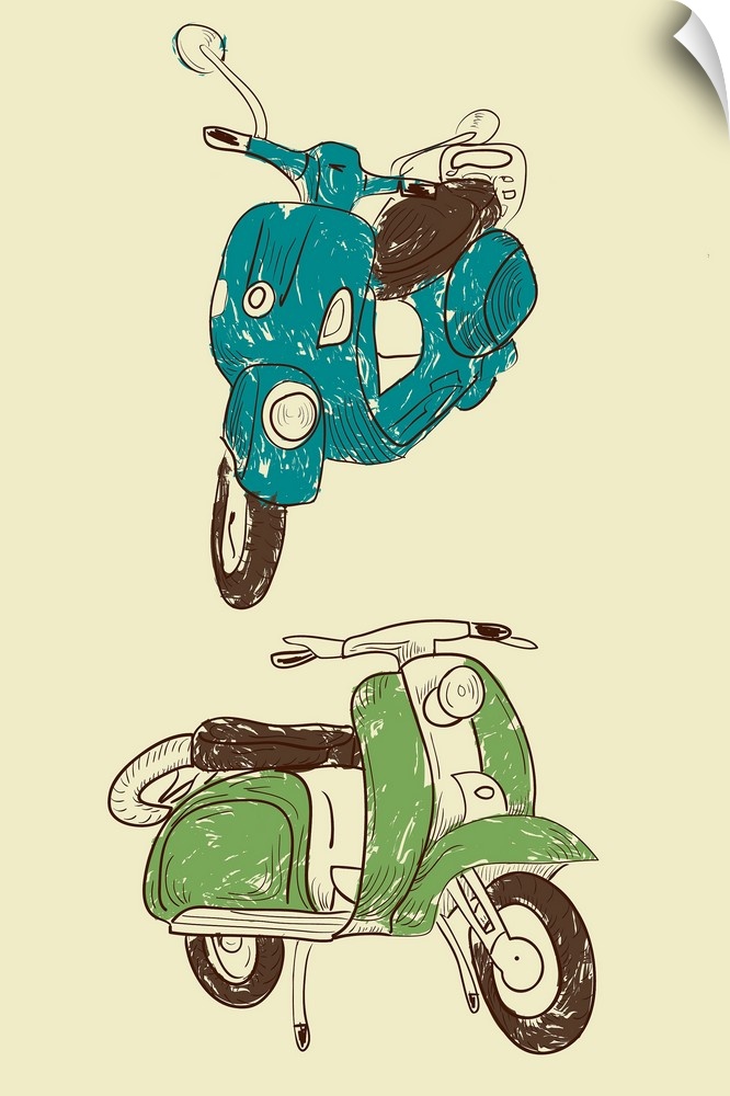 Illustration of two moped scooters.