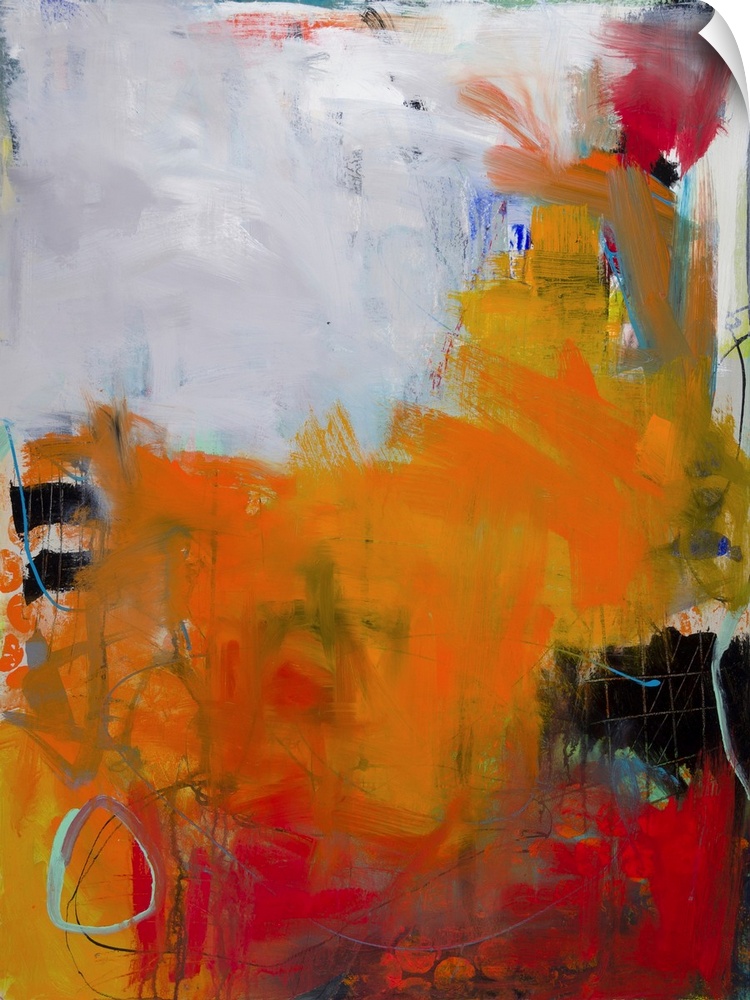 Contemporary abstract painting in brilliant orange hues on a gray background.