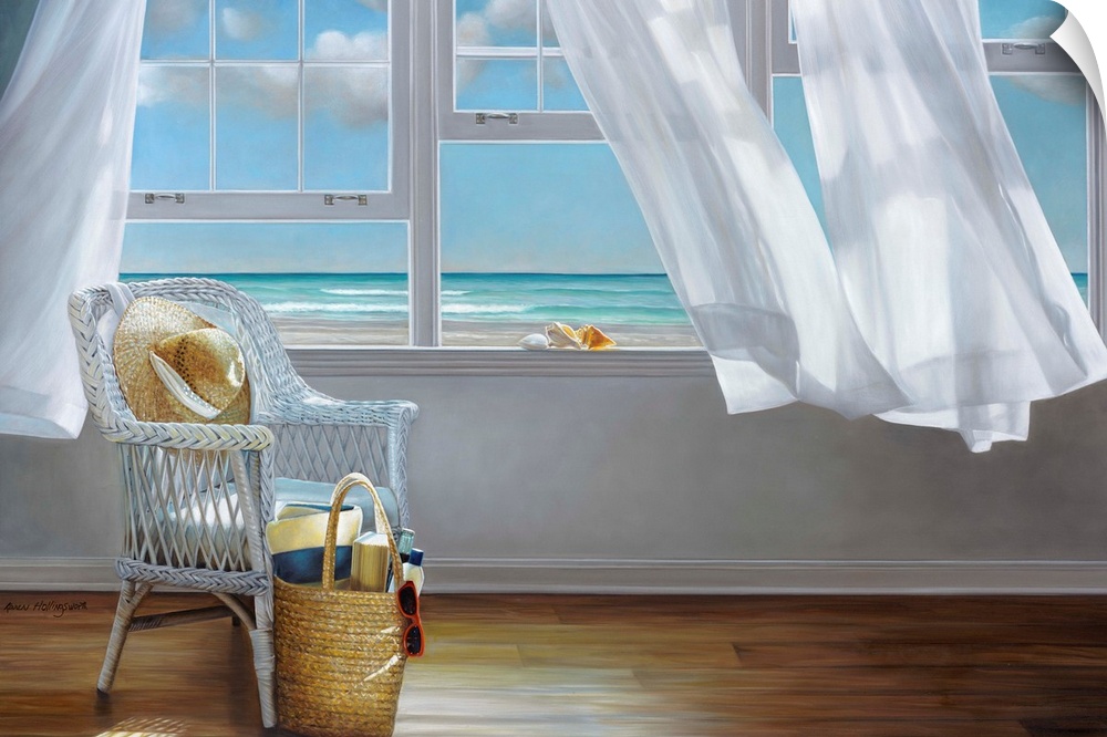 Contemporary still life painting of a hat on a chair next to an open window with a white curtain and the beach outside.
