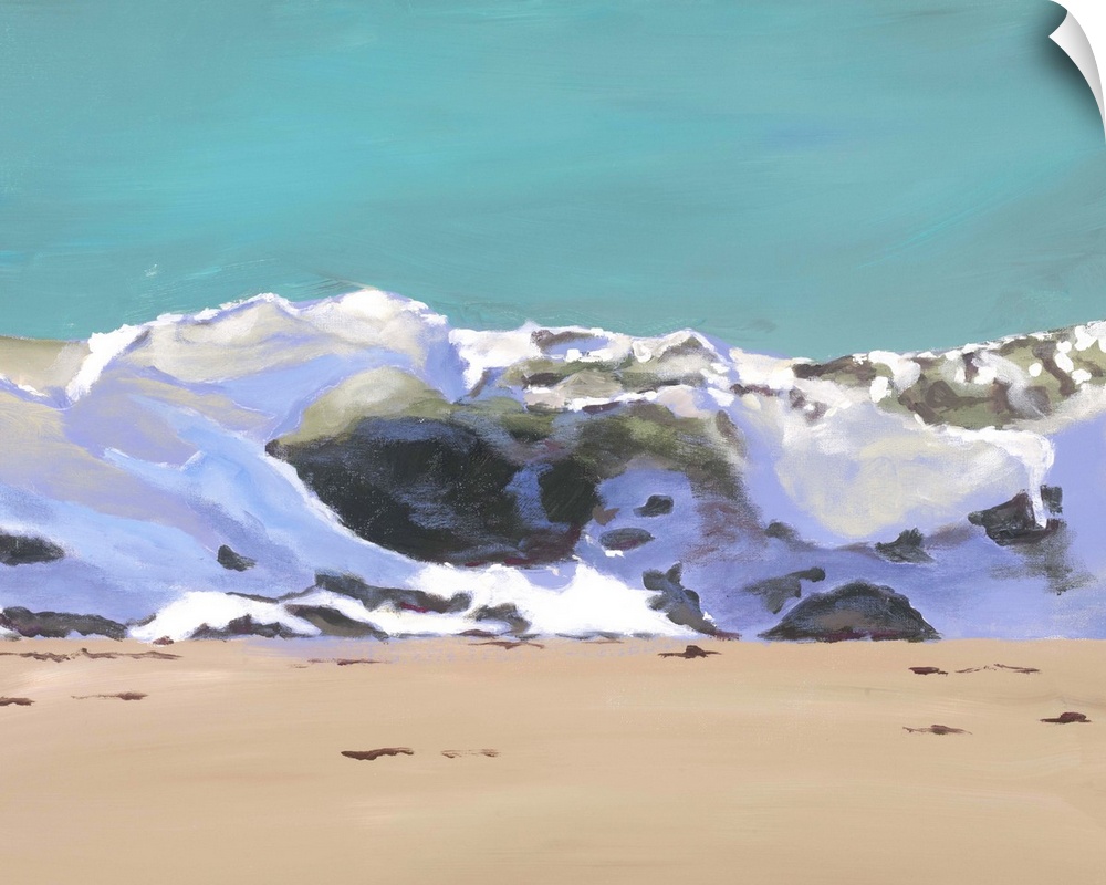 A contemporary painting of an ocean wave crashing onto a beach.