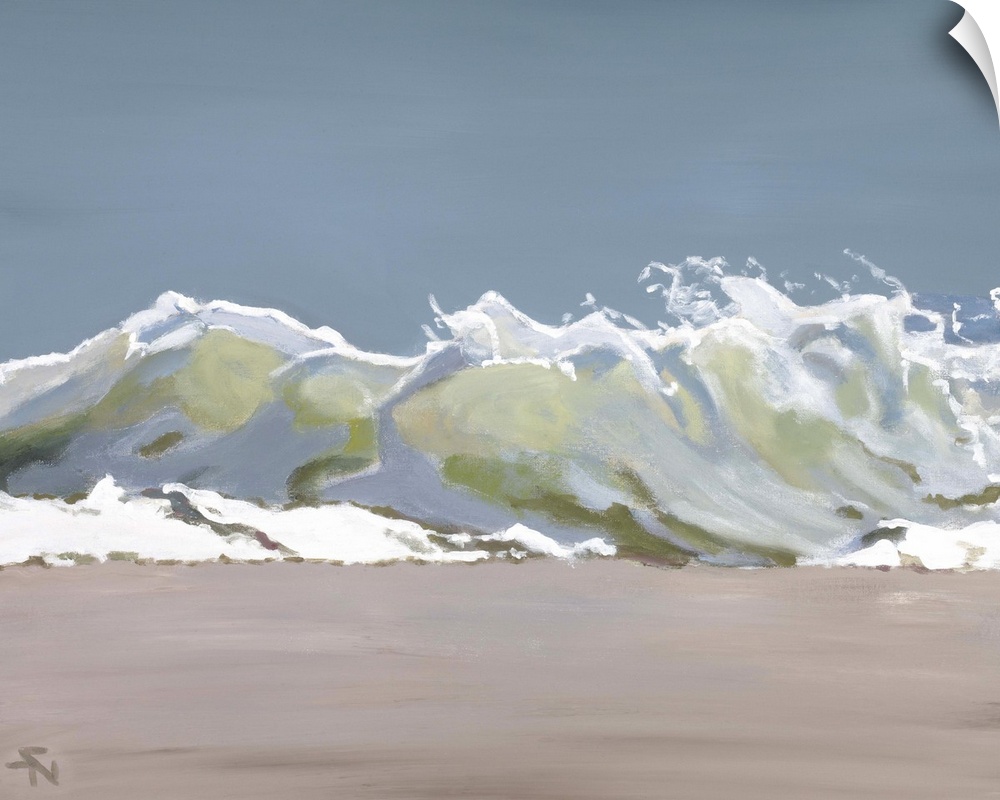 A contemporary painting of an ocean wave crashing onto a beach.
