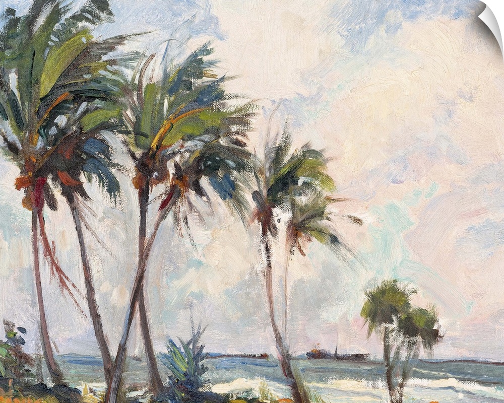 Contemporary painting of six tall palm trees on the beach.