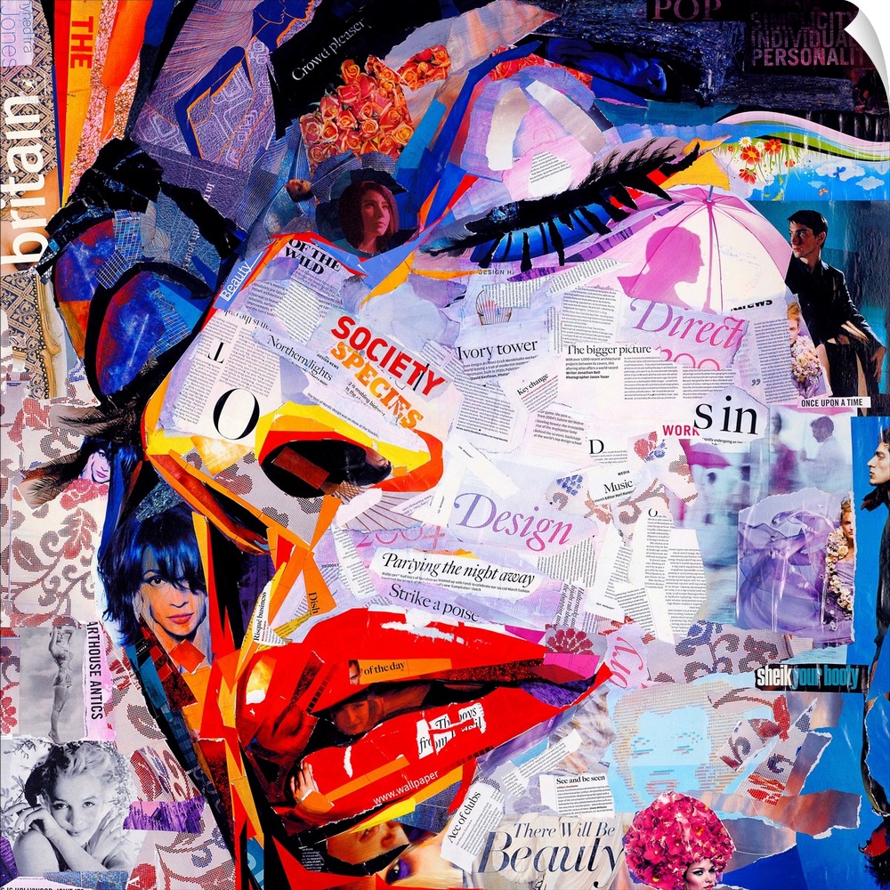 Mixed media artwork of a portrait of a woman made from cut magazine and book pages.