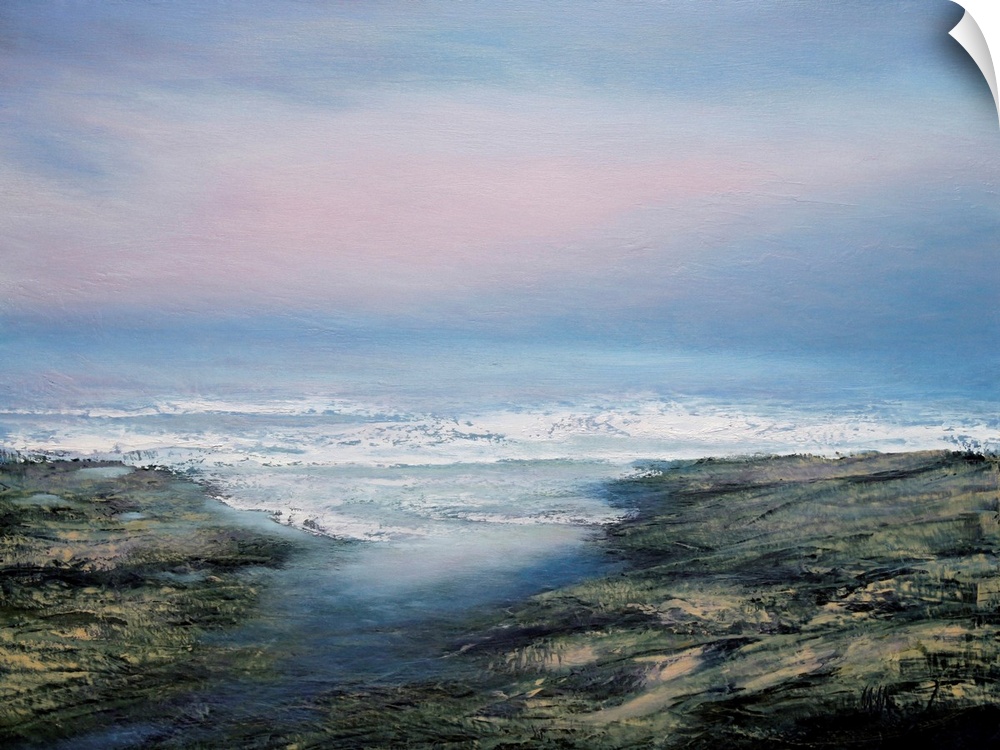 Contemporary seascape painting in front of a pale pink and blue sky.