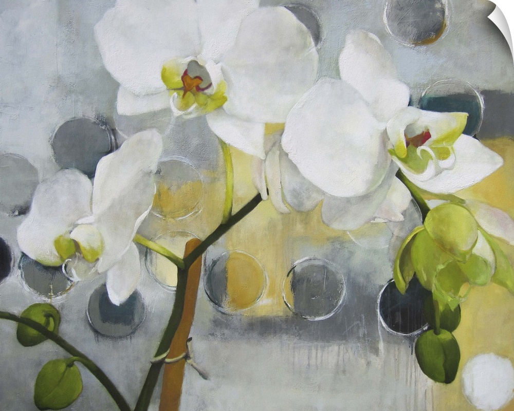 A contemporary painting of white orchids against a gray background with dark gray dots.