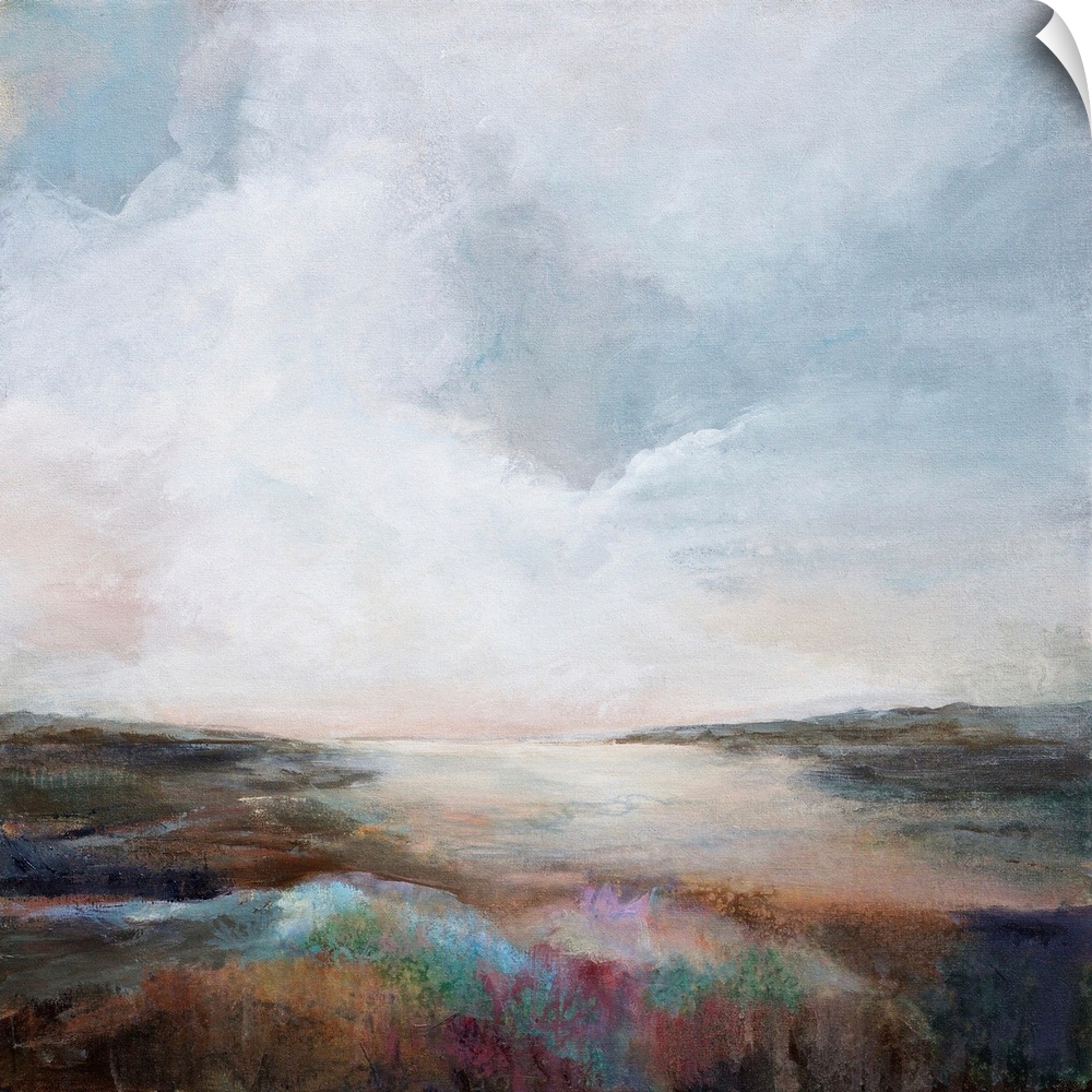 Abstract landscape painting in muted hues.