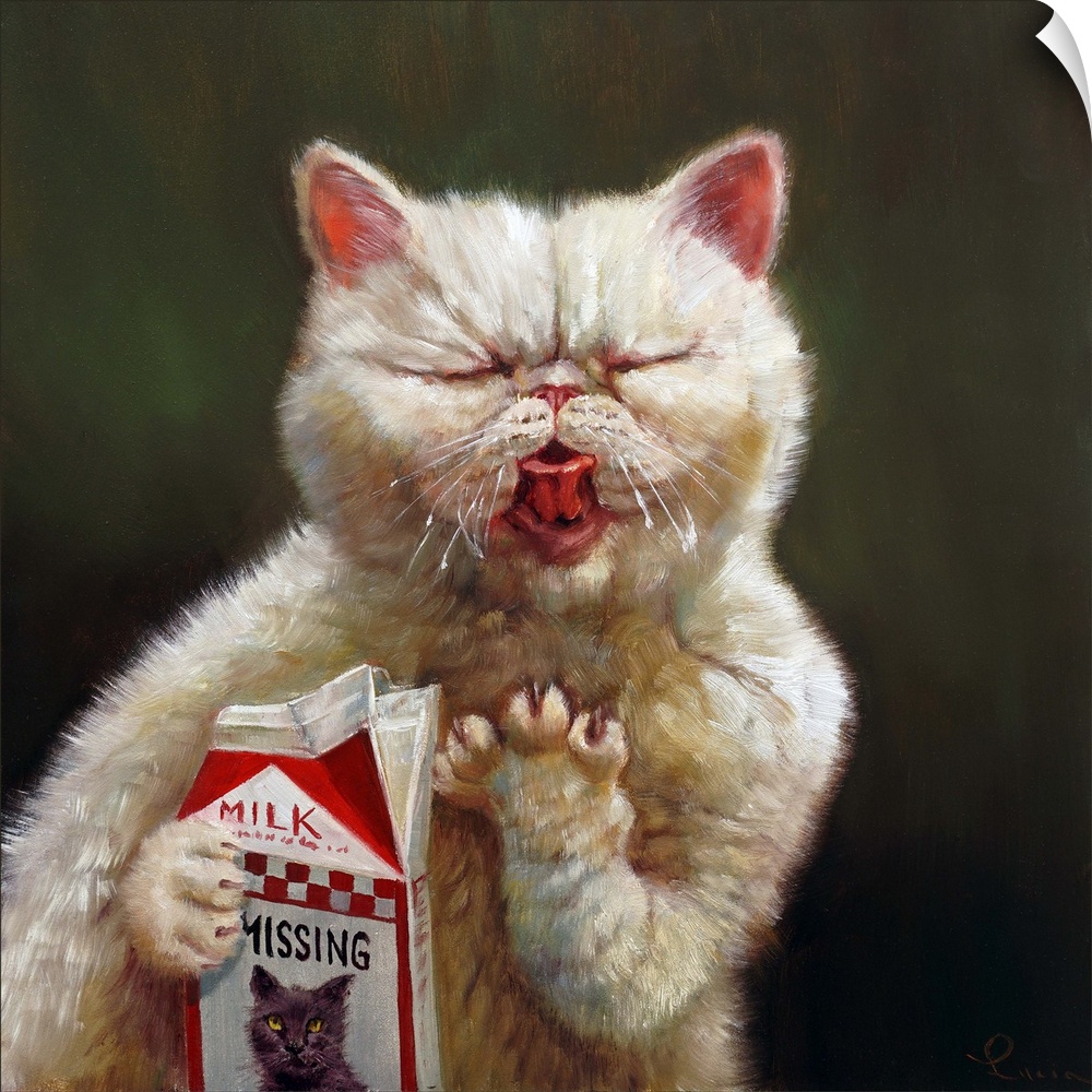 A funny contemporary painting of a cat licking milk from a milk carton.