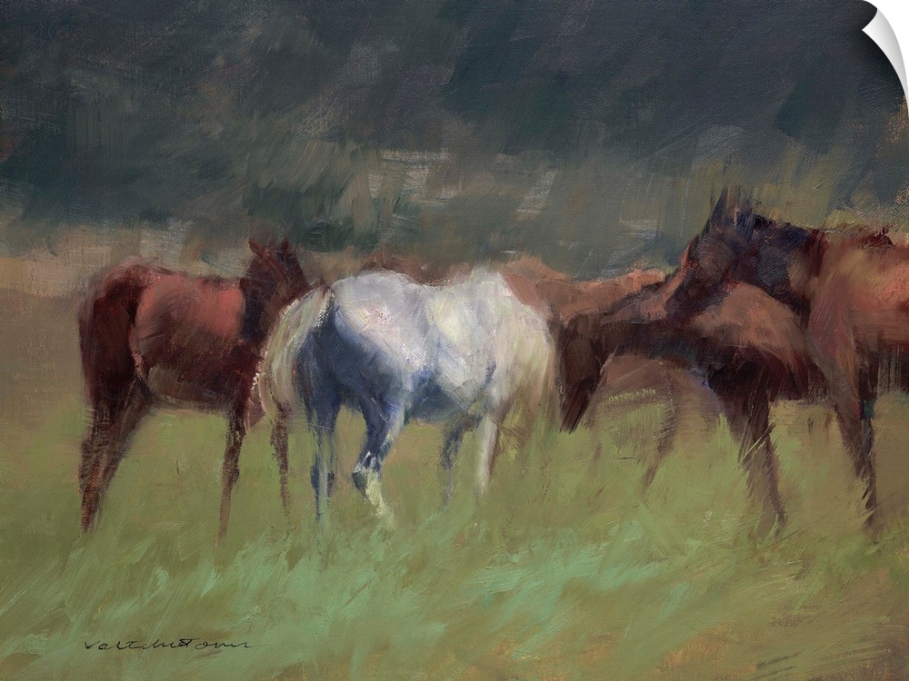 A contemporary painting of a group on horses in a field.