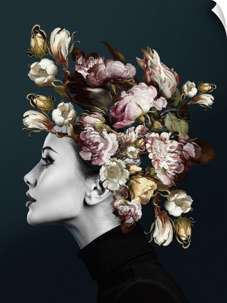 A black and white photographic portrait of a woman whose head is covered with an explosion of flower blooms. In neutral sh...